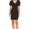 Puff Sleeve V Neck Ruched Dress Rich Black -Fashion Clothing Store 1STR WD231 V1