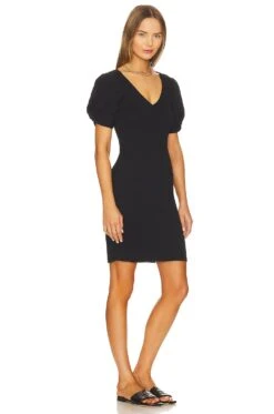 Puff Sleeve V Neck Ruched Dress Rich Black -Fashion Clothing Store 1STR WD231 V2