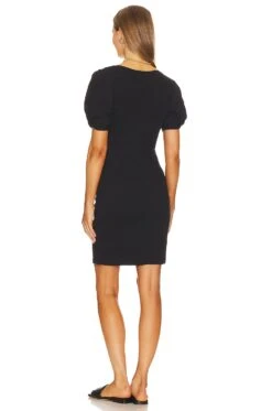 Puff Sleeve V Neck Ruched Dress Rich Black -Fashion Clothing Store 1STR WD231 V3
