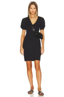 Puff Sleeve V Neck Ruched Dress Rich Black -Fashion Clothing Store 1STR WD231 V4