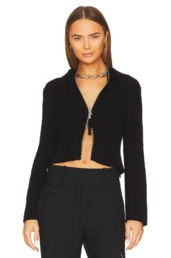 Fashioned Rib Zip Cardigan Black
