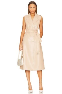 Alice + Olivia Conan Faux Leather Long Vest Belted Dress Almond