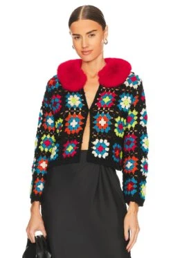 Alice + Olivia Anderson Crop Cardigan Multi & Perfect Ruby