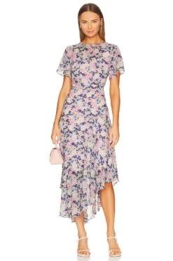 Flutter Sleeve Maxi Dress Pink & Blue Floral