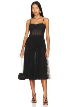 BCBGMAXAZRIA Sheer Corset Midi Dress Black