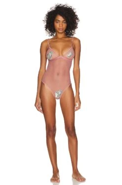 Fleur Du Mal Money Embroidery Bodysuit Rose Gold