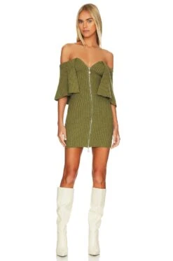 X REVOLVE Miki Off Shoulder Mini Dress Olive Green