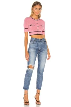 Pearl Short Sleeve Cardigan Pink & Black -Fashion Clothing Store LOVF WK776 V4