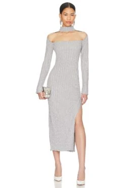 Aksel Reverse Halter Long Sleeve Midi Dress Silver