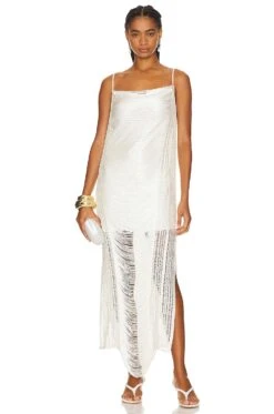 Draped Fringe Maxi Dress White