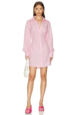 Sanctuary Slimmer Shirt Dress Pink & Buttercream Stripe