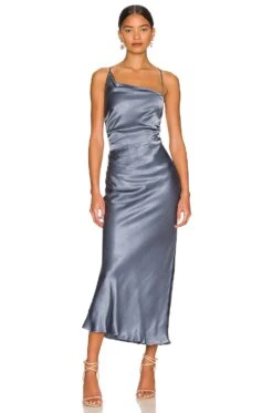 Shona Joy La Lune Asymmetrical Bias Cowl Midi Dress Blue Smoke