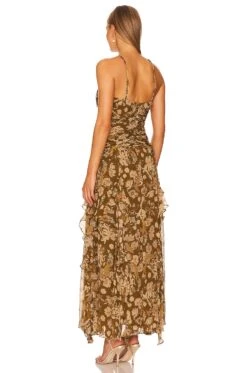 Shona Joy Rosaline Keyhole Frill Maxi Dress Cumin Multi -Fashion Clothing Store SHON WD428 V3