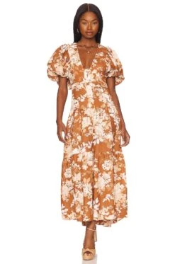 Shona Joy Capucine Plunged Short Sleeve Dress Almond Multi