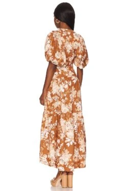 Shona Joy Capucine Plunged Short Sleeve Dress Almond Multi -Fashion Clothing Store SHON WD430 V3